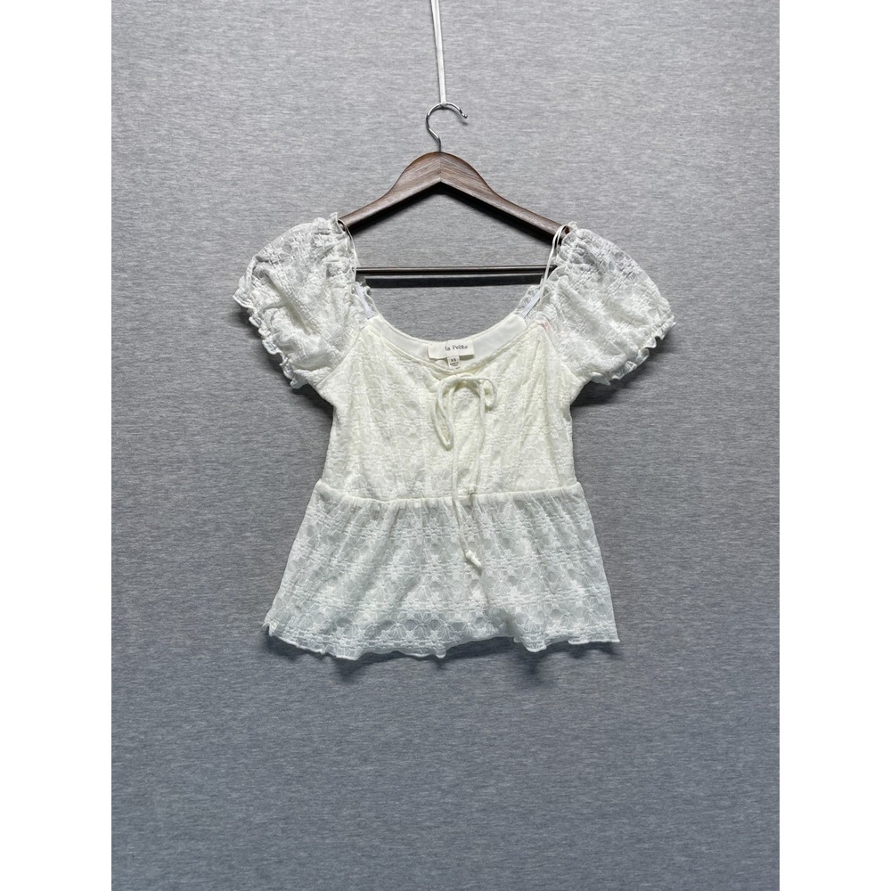 La Peche Cropped Lace Blouse Top Women XS White Puff Sleeve Tie Front Peplum Hem